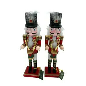 Wood Christmas 15" Nutcracker Set Drummer Soldier Top Hat Red Gold Holiday Decor